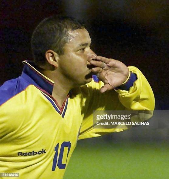 Ivan Rene Valenciano of Colombia celebrates his third goal during the Japan-Korea World Cup 2002 elimination match between Colombia and Venezuela 04...