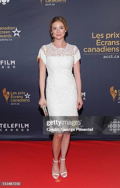 Actress Emily VanCamp arrives at the 2016 Canadian Screen Awards at the Sony Centre for the Performing Arts on March 13, 2016 in Toronto, Canada.