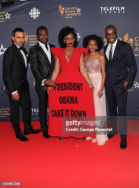 Actor Lyriq Bent, actress Shailyn Pierre-Dixon and filmmaker Clement Virgo of The Book of Negroes arrive at the 2016 Canadian Screen Awards at the...