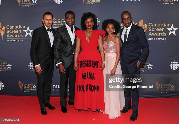 Actor Lyriq Bent, actress Shailyn Pierre-Dixon and filmmaker Clement Virgo of The Book of Negroes arrive at the 2016 Canadian Screen Awards at the...