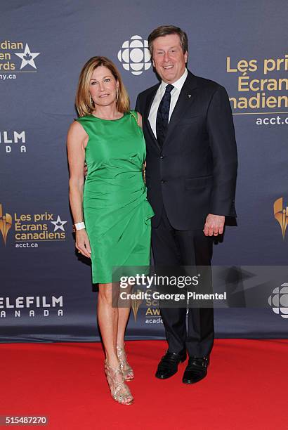 Toronto Mayor John Tory and Barbara Hackett arrive at the 2016 Canadian Screen Awards at the Sony Centre for the Performing Arts on March 13, 2016 in...