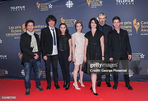 Martin Leon, Mathieu Bouchard-Malo, Karelle Tremblay, Nancy Grant, Anne Emond, Sylvain Corbeil and Maxim Gaudette arrive at the 2016 Canadian Screen...