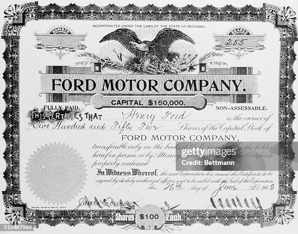 The 255 shares of Ford Motor Company stock owned by Henry Ford represented one-half of the experimental work, contracts, patents, machinery and other...