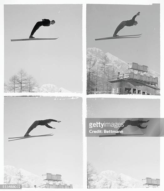 Four U.S. Ski jumpers show their form during practice for the Winter Olympic Games at Cortina D'Ampezzo, in northern Italy. Bill Olson of Eau Claire,...