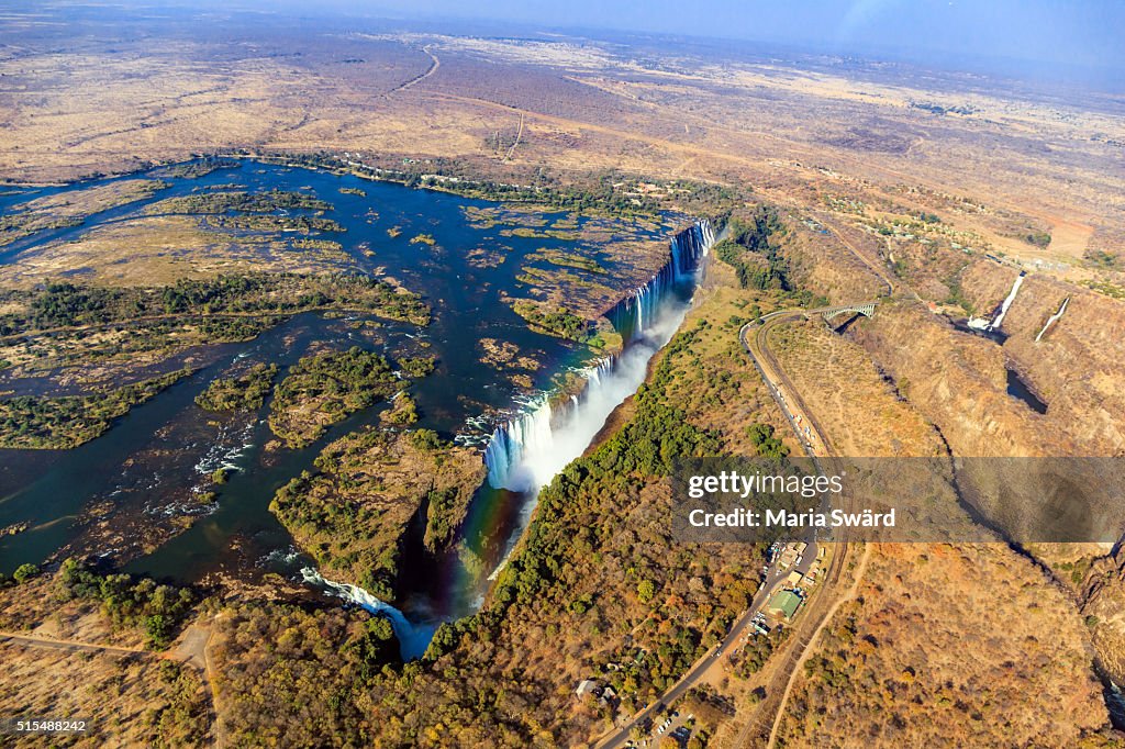 Aerial Victoria falls with rainbow, Livingstone, Zambia/Zimbabwe