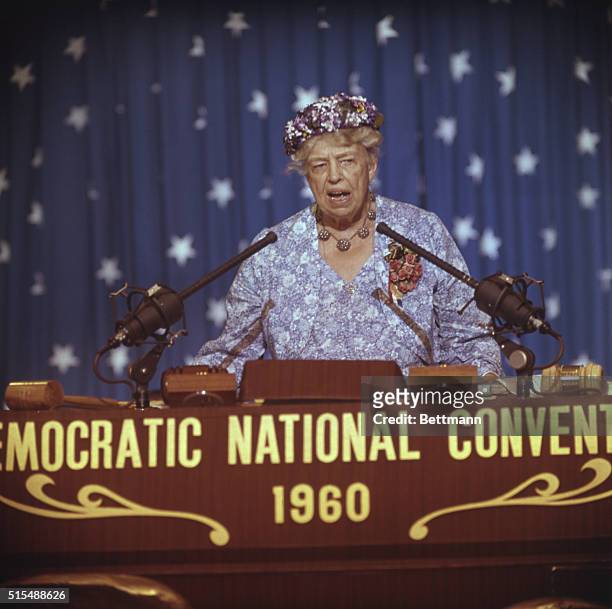 Mrs. Eleanor Roosevelt speaks in favor of Adai Stevenson at Demo. National convention July 13, 1960.