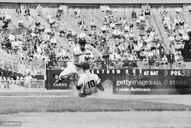 May 3, 1960-New York, New York: Bob Wilson, of the Detroit Tigers, is out at second base on a double play in the fourth inning of a game against the...