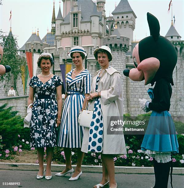 Princess Astrid of Norway, Princess Margaretha of Sweden and Princess Margaretha of Denmark in front of Sleeping Beauty's Castle at Disneyland,...