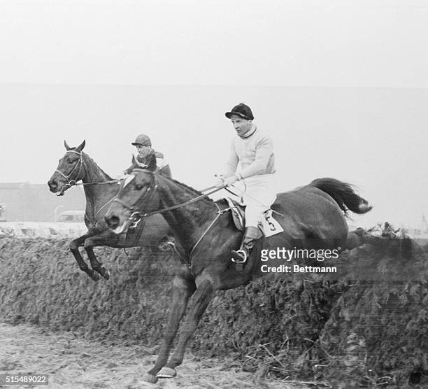 Ridden by jockey R. Francis , Devon Loch, the Grand National Steeplechase entry owned by Great Britain's Queen Mother Elizabeth, takes the last jump...