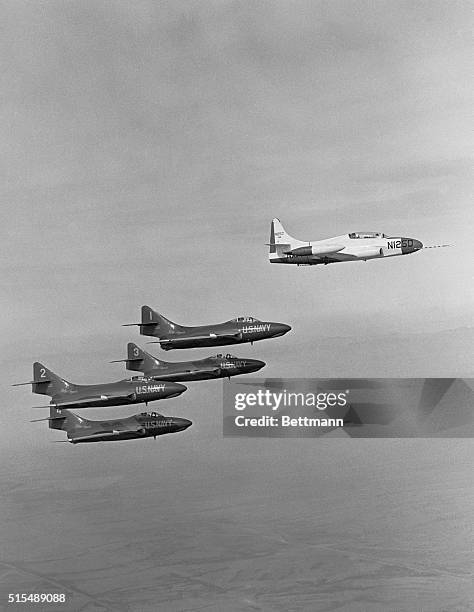 Head of the Class" position is taken by the Navy's new carrier-based jet trainer, the Lockheed T2V-1 SeaStar , as it teams up with the famed Blue...