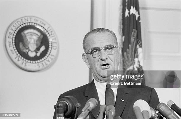 Message to the Nation. Washington, DC: President Johnson during a quickly-arranged nationwide TV address from the White House today at which he...