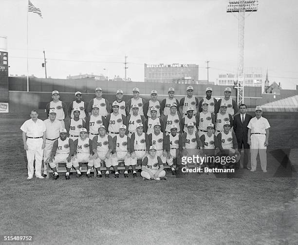 The official team photo of 1964 for the Cincinnat Reds was taken 9/30. Batboy is Mike Holzinger. First row seated: Tommy Harper; Pete Rose; Ray...