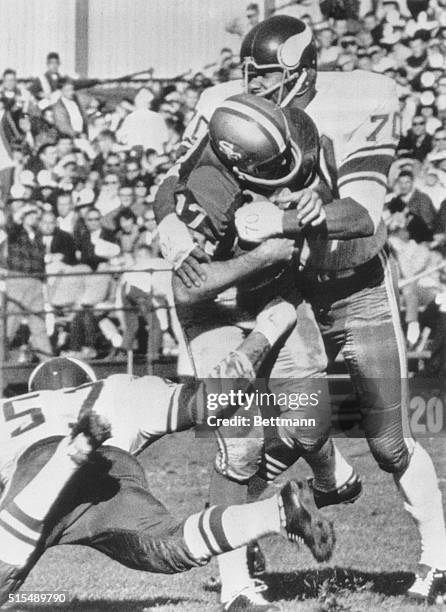 Minnesota Vikings defensive end Jim Marshall sacks San Francisco 49ers quarterback Bill Kilmer for a five yard loss during the first quarter of the...