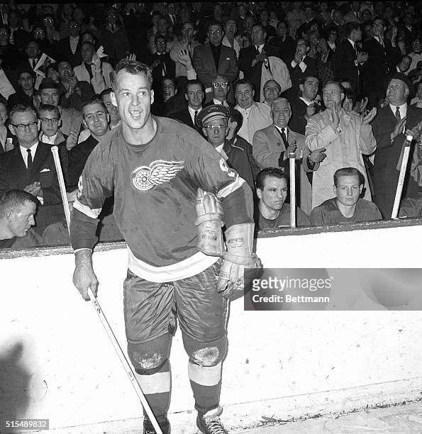 Red Wing Gordon Howe is all smiles as he skates around after scoring the 545th goal of his career during the second period of the Detroit-Montreal...
