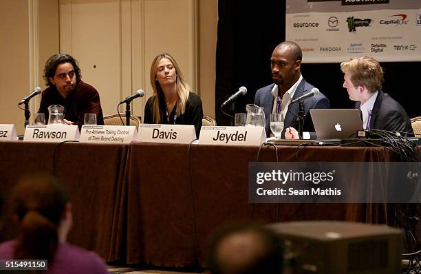 Anthony Rodriguez, CEO of Lineage Interactive, Anna Rawson, professional golfer/model, professional football player Vernon Davis and Daniel Jeydel,...