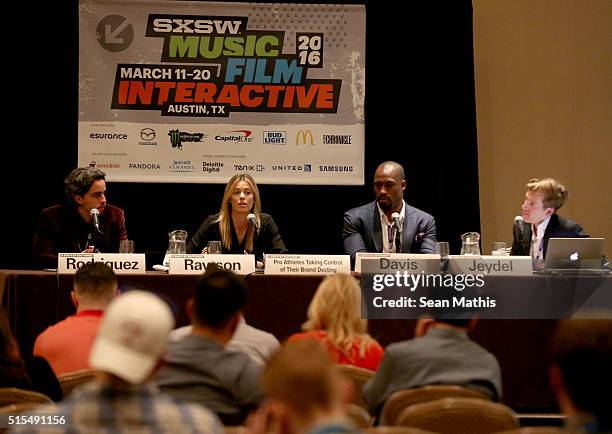 Anthony Rodriguez, CEO of Lineage Interactive, Anna Rawson, professional golfer/model, professional football player Vernon Davis and Daniel Jeydel,...