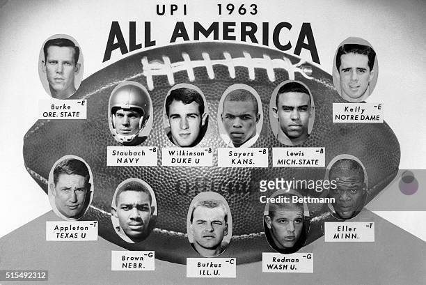 Here is the UPI All-American football team as chosen by 305 writers and broadcasters. Backs are: Roger Staubach, of the naval Academy; Jay Wilkenson,...