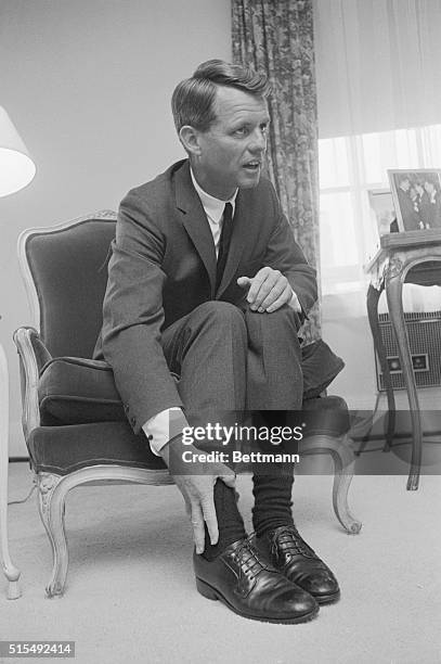 Robert F. Kennedy, Democratic nominee for the Senate, discusses his opponent Senator Keating at a press conference held at the Carlyle Hotel. Kennedy...
