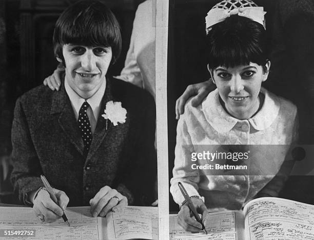 Starr wedding...Ringo Starr, the Beatles' drummer, and Maureen Cox sign the register in Caxton Hall after their wedding. The couple left immediately...