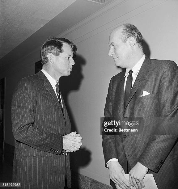Senator Robert Kennedy talks with Attorney General nominee Nicholas Katzenbach before his hearings with the Senate Judiciary Committee.