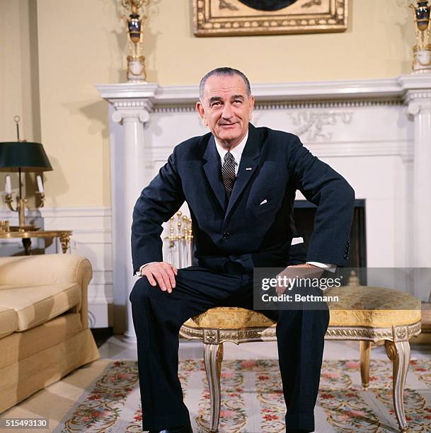 President Lyndon B. Johnson in the Oval Sitting Room of the family quarters of the White House in Washington, DC.