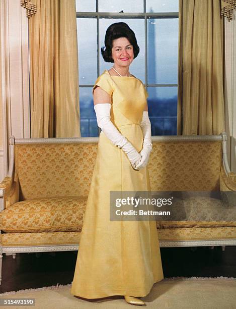 Mrs. Johnson's Gown for Inaugural Ball. Washington: Mrs. Lyndon B. Johnson will wear this gown of double-woven satin in jonquil yellow to the...