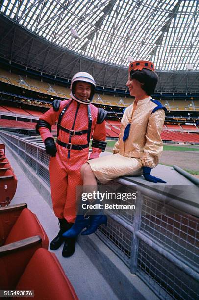 Houston, Texas: In Keeping with the space age motif of the Astrodome Stadium here are the striking costumes of the ushers and usherettes who will...