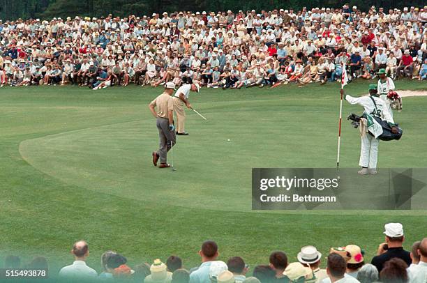 Ben Hogan putts on the 18th green in the final round of the Masters Tournament today, 4/11, at the Augusta National Golf Club. Hogan, whose record of...