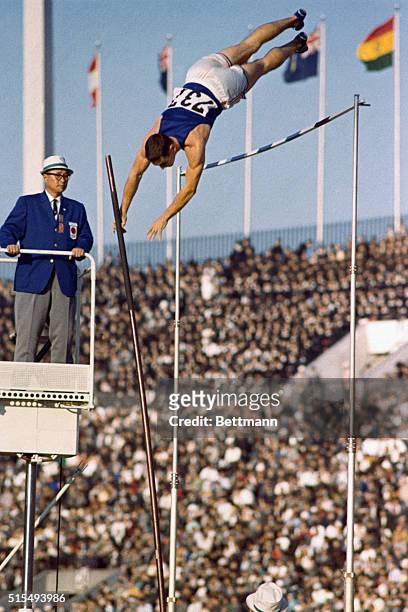 Fred Hansen, of U.S. And 1964 Olympic gold medalist, making the winning pole vault.