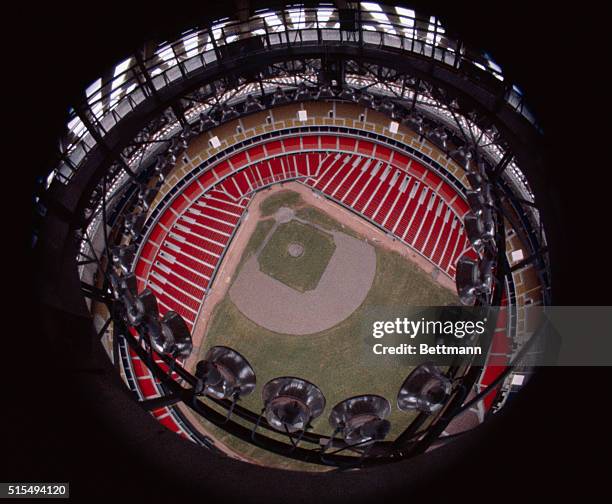 Houston, Tex.: A double round effect created in this "fisheye" view of the baseball diamond under the dome covered astrodome stadium. The roof of the...