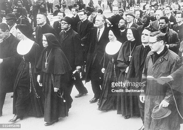 Nuns in the forefront of a civil rights march in Selma, Alabama, 10th March 1965. Selma City officials halted the marchers less than a block from...