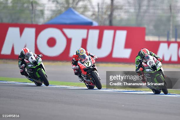 Jonathan Rea, Tom Sykes and Chaz Davies of Great Britain competes during the Buriram World Superbike Championship on March 13, 2016 in Buri Ram,...