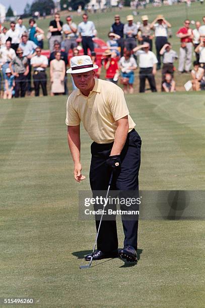 August, Ga.: Jack Nicklaus lines up and putts on the 2nd hole during second round of the Master's Tournament at the Augusta National Golf Club here...