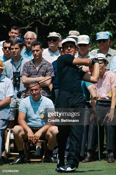 Augusta, Georgia: Gary Player tees off on the fifth hole in the second round of the Masters Tournament at Augusta National Golf Course today.