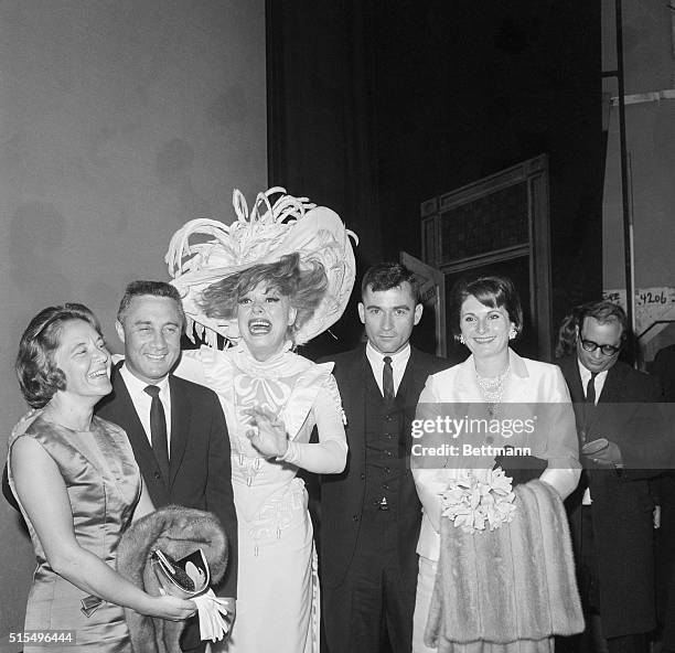 Astronauts Gus Grissom and John Young meet the Hello Dolly girl, Carol Channing , backstage at the St. James Theater. They were accompanied to the...