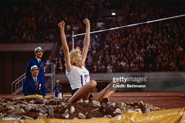 Iolanda Balas of Rumania, after jumping 1.90 metres to set a a new Olympic record at the 1964 Summer Olympics in Tokyo, 15th October 1964.