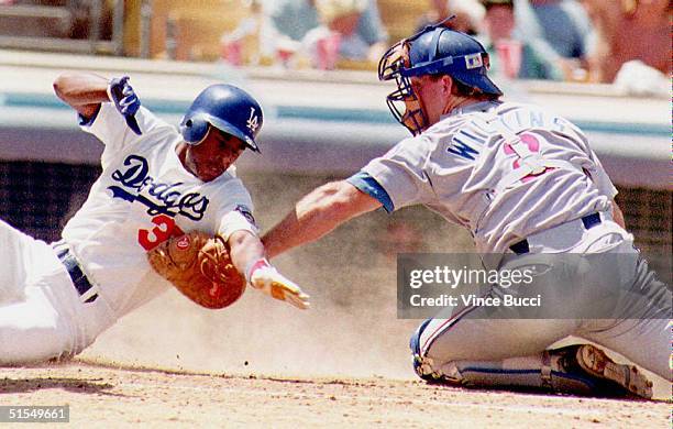 Los Angeles Dodgers Jose Offerman is tagged out by Chicago Cubs catcher Rick Wilkins before he can touch home plate 23 August 1992 in the third...