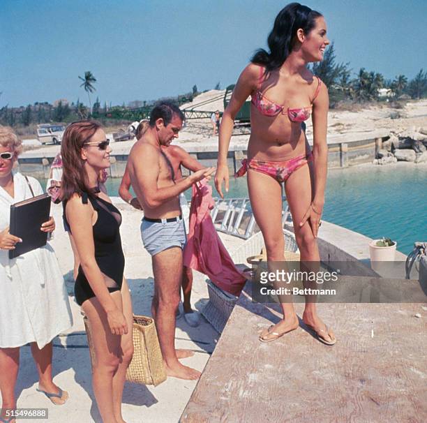 Martine Beswick , Sean Connery and Claudine Auger on set of latest James Bond film, Thunderball.