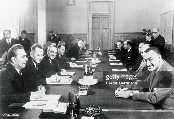 Moscow: Egyptian President Gamal Abdel Nasser sits across from Soviet leaders Leonid Brezhnev, Alexei Kosygin, Anastas Mikoyan, at a Kremlin meeting....