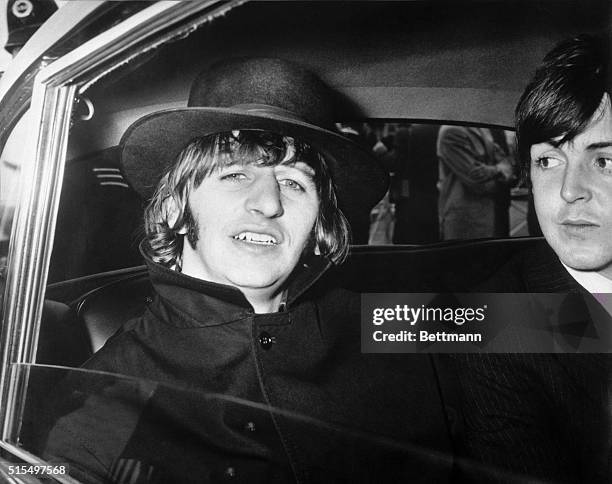 London: Beatle Ringo Starr wears Spanish sombrero as he arrives at London airport here July 4th. Ringo was returning with the rest of the singing...