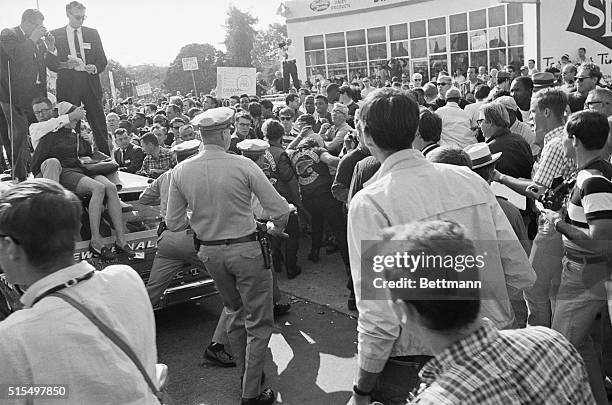 Berkeley, California: Members of Hell's Angels motorcycle club battle anti-Vietnam marchers here after some 35 members of the club crashed through...