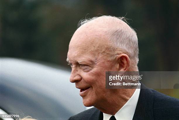 Closeup of former President Dwight Eisenhower at the home of his son, Col. John Eisenhower, on October 14th. General Eisenhower is celebrating his...