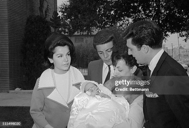 Actress Annette Funicello is shown outside of the St. Cyril's church after her daughter was baptized Gina Luree 11/21. Singer Frankie Avalon acted as...