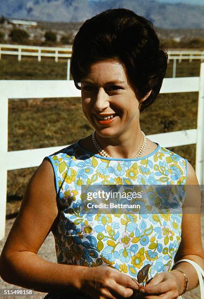 Tucson, Arizona. Closeup of Princess Margaret, November 14th, at the Lewis Douglas Ranch near Tucson where the Princess visited with her husband,...