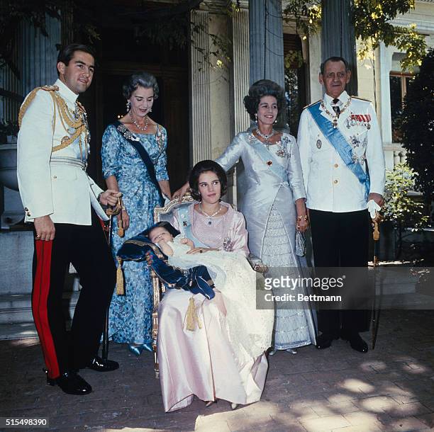 Athens, Greece....Posed in the Royal Palace in Athens, September 20, during the christening ceremonies of Crown Princess Alexia Area, from left: King...