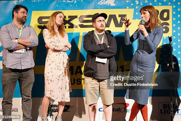 Actors Richard Elis and Laura Patch, director Jamie Adams, and actor Dolly Wells speak onstage during the premiere of "Black Mountain Poets" during...