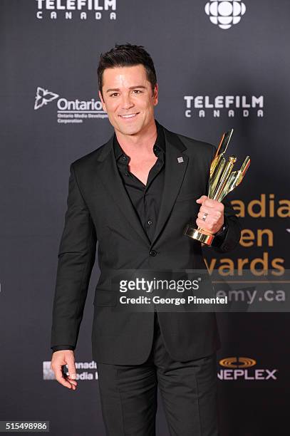 Yannick Bisson, winner of the Fan's Choice Award, poses in the press room at the 2016 Canadian Screen Awards at the Sony Centre for the Performing...