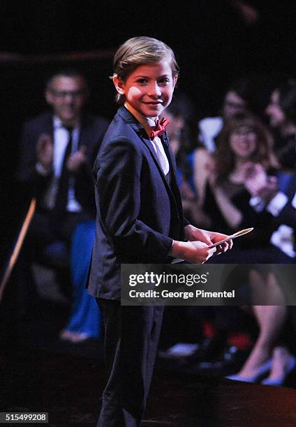 Jacob Tremblay is seen from backstage at the 2016 Canadian Screen Awards at the Sony Centre for the Performing Arts on March 13, 2016 in Toronto,...