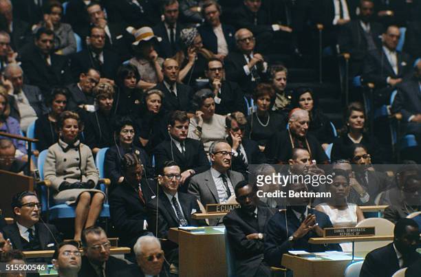 New York. Among those listening to Pope Paul VI address the U.N. Were Mar. John F. Kennedy, Richard Cardinal Cushing of Boston, Senator Robert F....