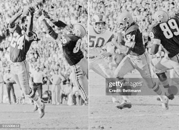 Green Bay Packer defensive back Willie Wood intercepts an off-balance pass from Los Angeles Rams' quarterback Roman Gabriel during a game at the Los...